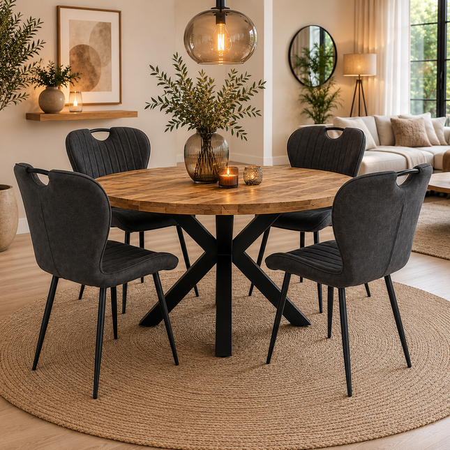 Lars Deal 115cm mango + 4x Stoel Phoenix antraciet