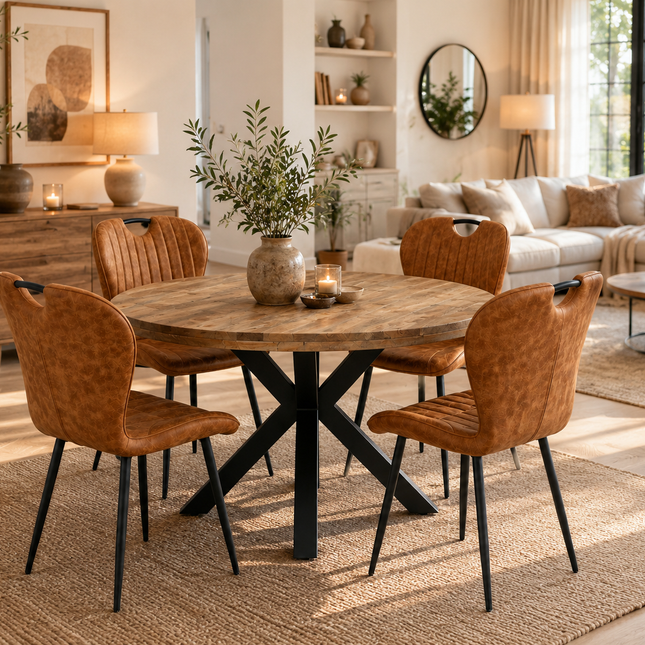 Lars Deal 115cm mango + 4x Stoel Phoenix cognac