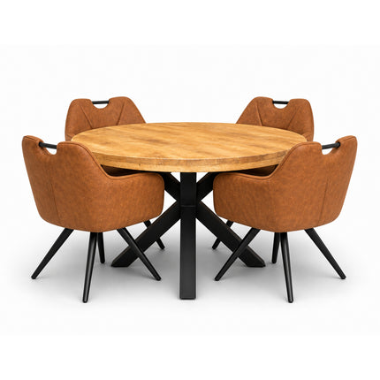 Lars Deal 130cm mango + 4x Indiana stoel misty cognac