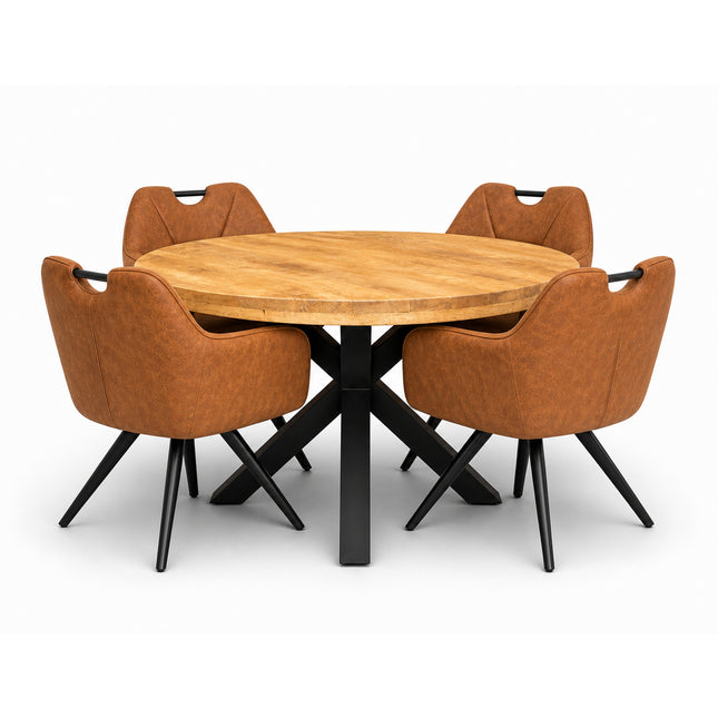 Lars Deal 130cm mango + 4x Indiana stoel misty cognac