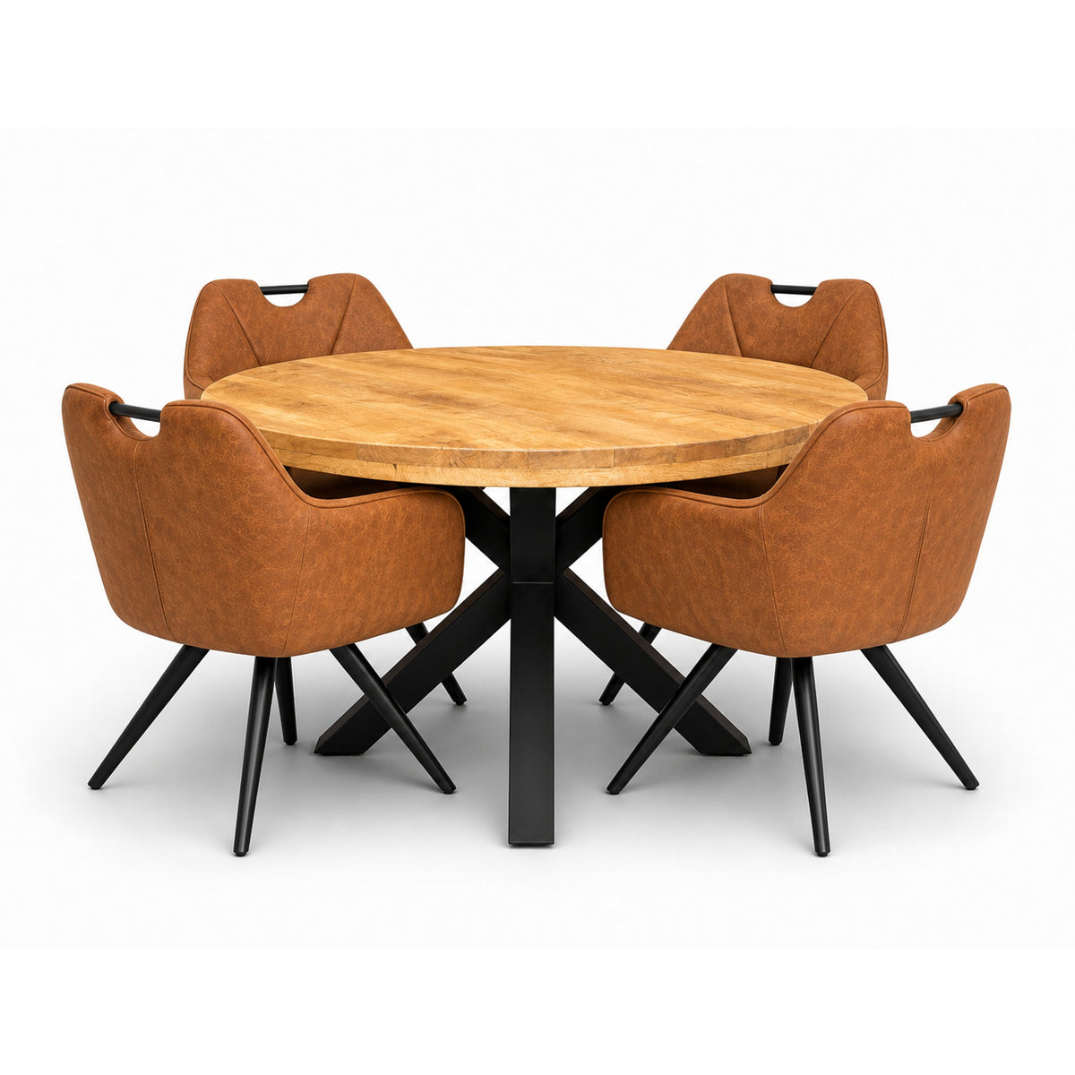 Lars Deal 130cm mango + 4x Indiana stoel misty cognac