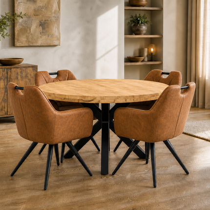 Lars Deal 130cm mango + 4x Indiana stoel misty cognac