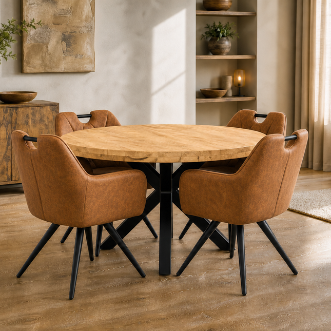 Lars Deal 130cm mango + 4x Indiana stoel misty cognac