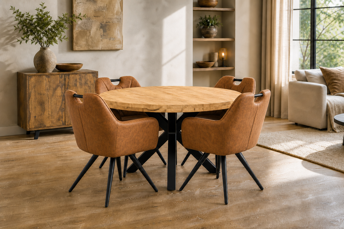 Lars Deal 130cm mango + 4x Indiana stoel misty cognac
