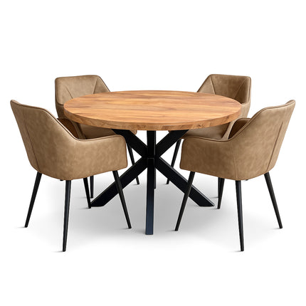 Eettafel Oscar Mango Naturel Ø120cm + 4x Texas Light Brown